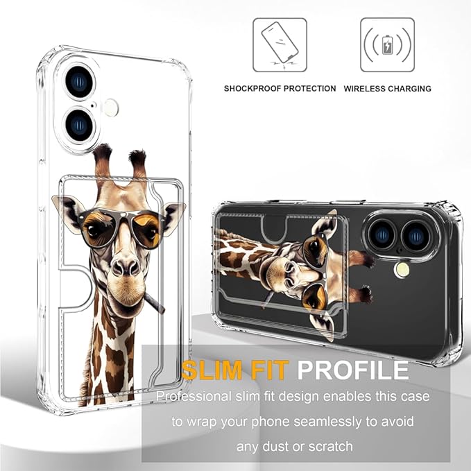 Compatible with iPhone 17 Case Card Holder for Women Cute Design,Wallet Phone Cases Transparent Cool Kawaii Protective (Clear Giraffe Smoking Animal)