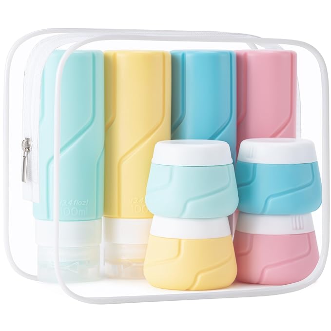 CADONO Travel Bottles for Toiletries 15 Pack, TSA Approved Travel Size Containers 3oz, LeakProof Silicone Squeezable Creams Jars, Refillable Toiletry Bottles for Shampoo, Conditioner (Colorful)