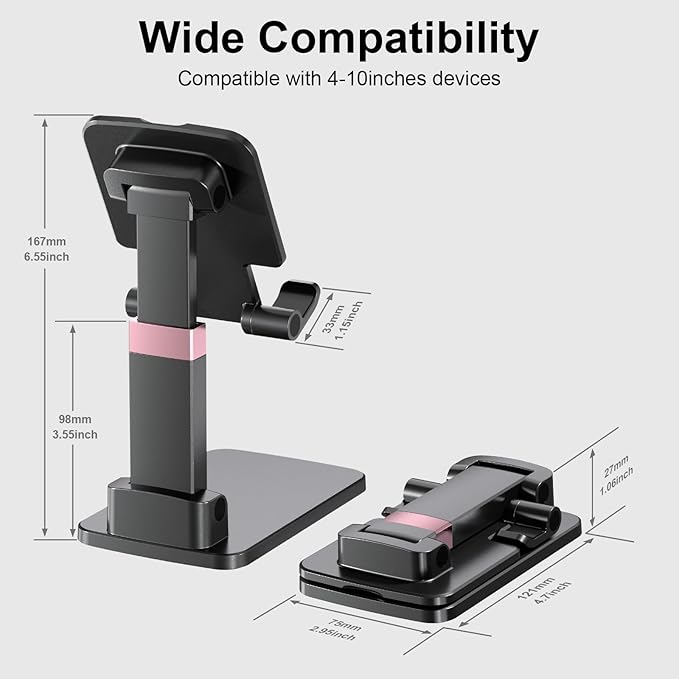 Phone Holder for Desk Cell Phone Holder Height Angle Adjustable Stands, Anti-Slip Base, Compact Design for iPhone Android Devices,Black,2Pack