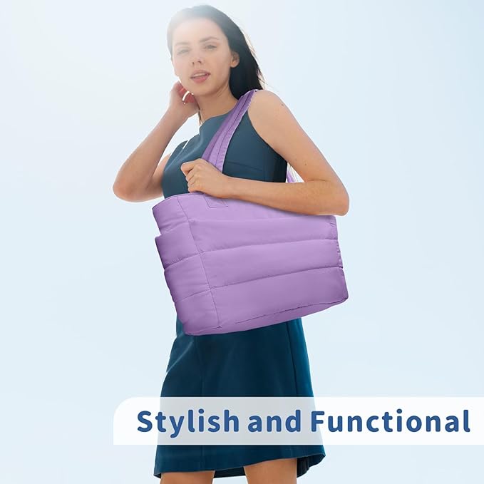 TOPDesign Puffer Tote Bag for Women, Lightweight Puffy Handbag with Compartments, Quilted Shoulder Bag for Work, Travel, Gym
