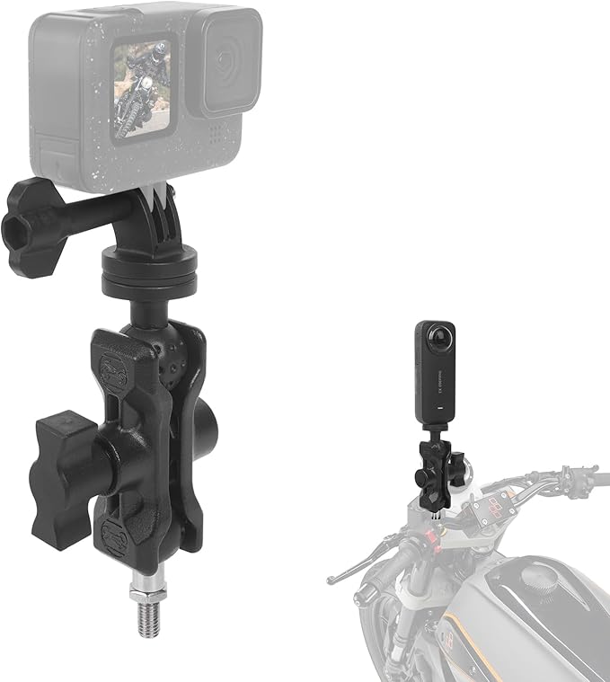 Camera Mount with 360°Dual Ball Head, Motorcycle Handlebar Mounting Bundle Kit for lnsta360 X5/X4/X3/ Gopr0//LED Light, 1/4"-20 & Tripod Adapter, Action Camera Mount Adapter for M8 Hole Base,75018