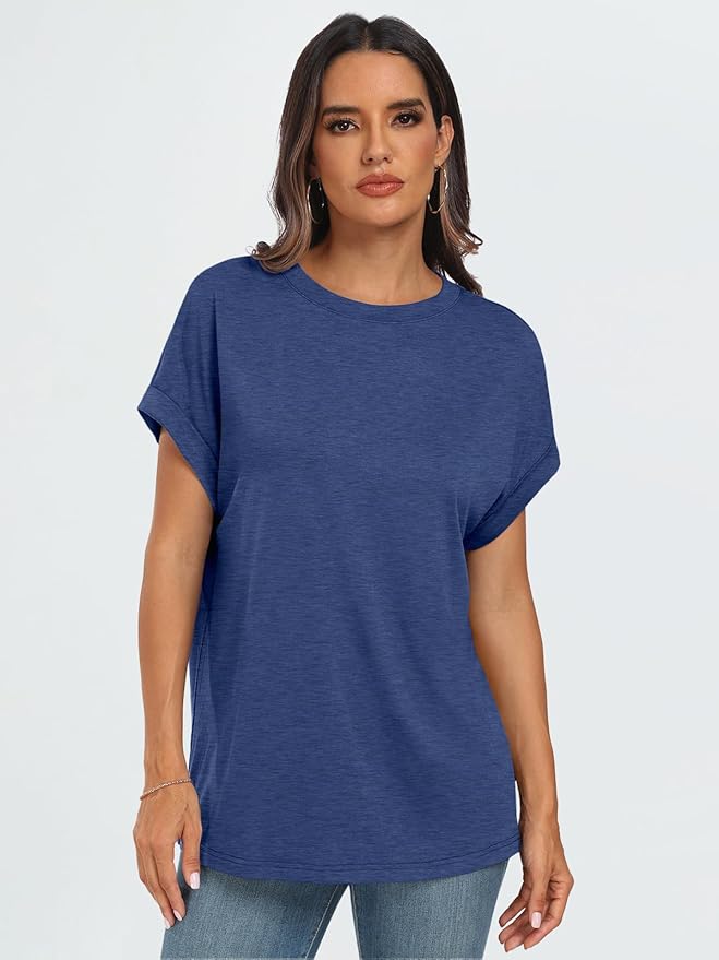 AUTOMET Women's Oversized Short Sleeve T Shirts Casual Drop Shoulder Rolled Cuff Summer Tops for Work, Travel and Lounge