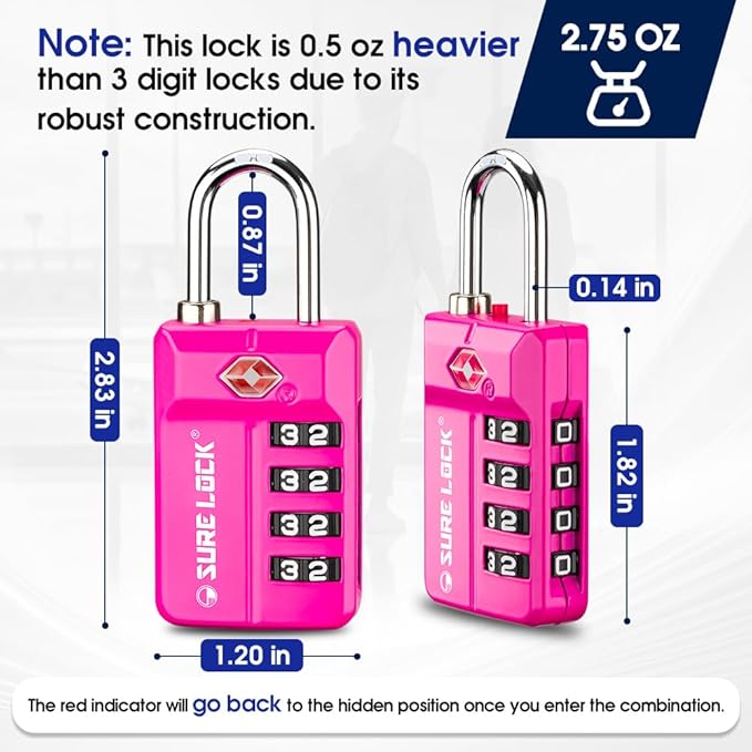 SURE LOCK TSA Approved 4-Digit Luggage Lock, Resettable Combination, Red Dot Open-Alert (Resets Only with Code), Easy-Read Black/White Dials, Hardened Shackle, Zinc Alloy (Pink 1 Pack)