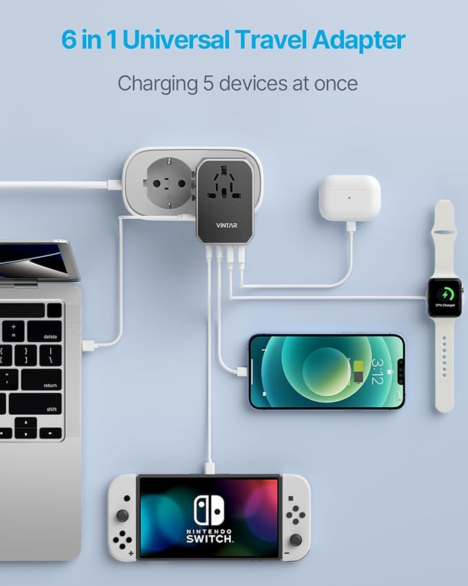 Universal Travel Adapter, VINTAR 70W GaN International Power Adapter with 5 USB Ports (3 USB-C), Worldwide Travel Plug Adaptor, All in One Travel Essentials Outlet Converter for UK/EU/USA/AUS, Black