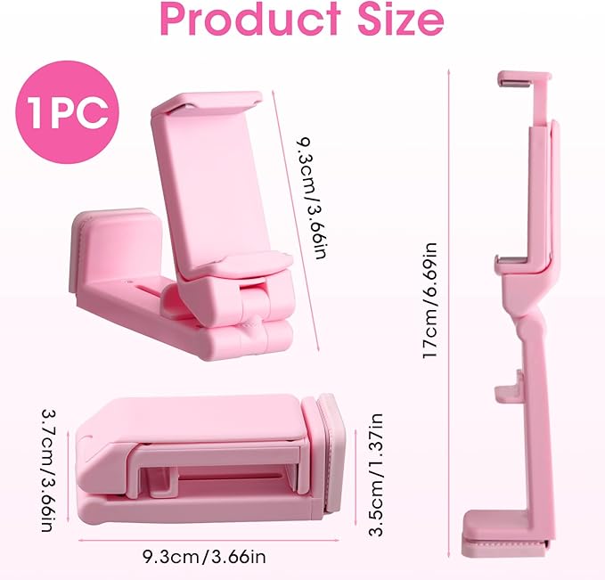 Airplane Phone Holder, Foldable Phone Holder for Airplane Seat Back Luggage Pole Desk 360° Rotation for Multi-Directional Viewing, Travel Essentials Holds Cell Phones (Pink 1pcs)