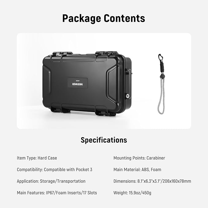 NEEWER Hard Case Compatible with DJI Osmo Pocket 3 & Creator Combo Accessories, IP67 Waterproof Dustproof Shockproof Portable Travel Storage Case with Custom Foam Inserts & 17 Slots, AC022