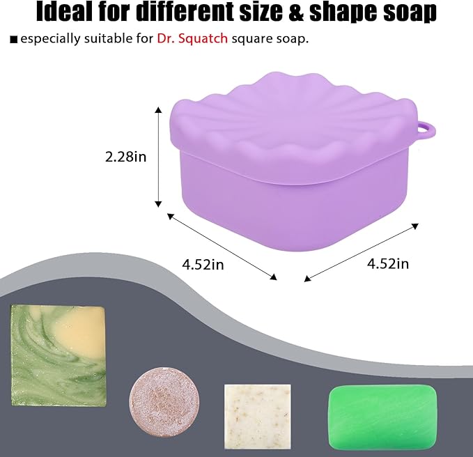 Square Travel Soap Case, Bar Soap Holder for Dr Squatch, Silicone Soap Case with Soap Saver, Portable Shampoo Bar Soap Box for Shower, Travel, Camp (Light Purple)