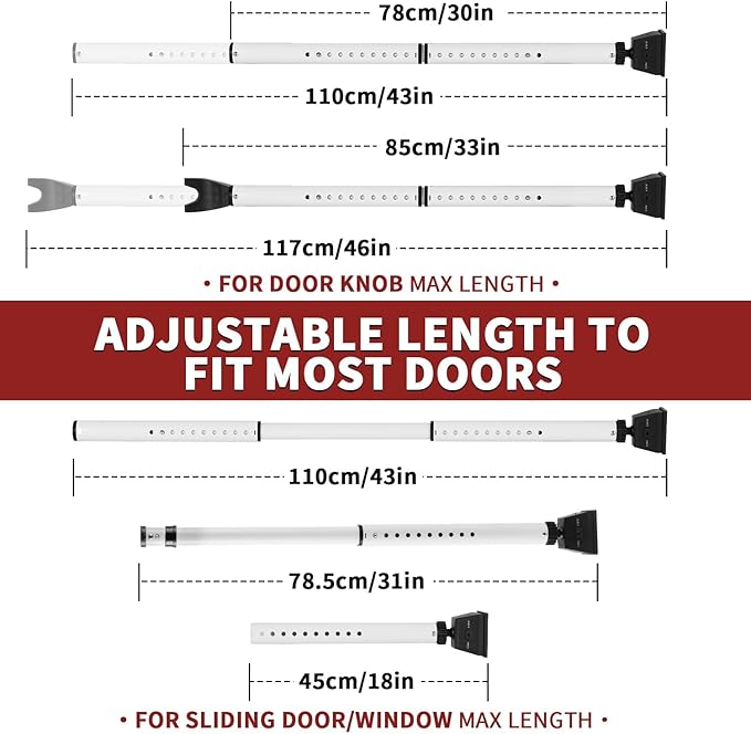 Security Door Stopper with Alarm & Sliding Patio Bar, 120db Loud Alert Adjustable Security Jammer Door Security Bar Window Child Proof Heavy Duty Door Stoppers for Home Apartment Travel - White