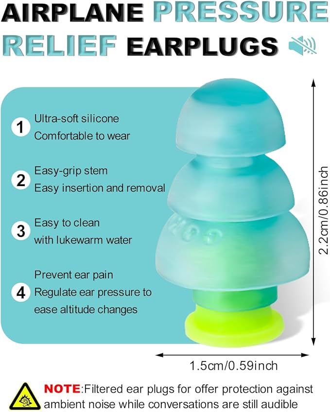 Airplane Ear Pressure Relief Earplugs - 2 Pairs Noise Reduction Travel Earplugs - Plane Travel Essentials - Comfortable Reusable Filtered Flight Ear Plugs for Adults