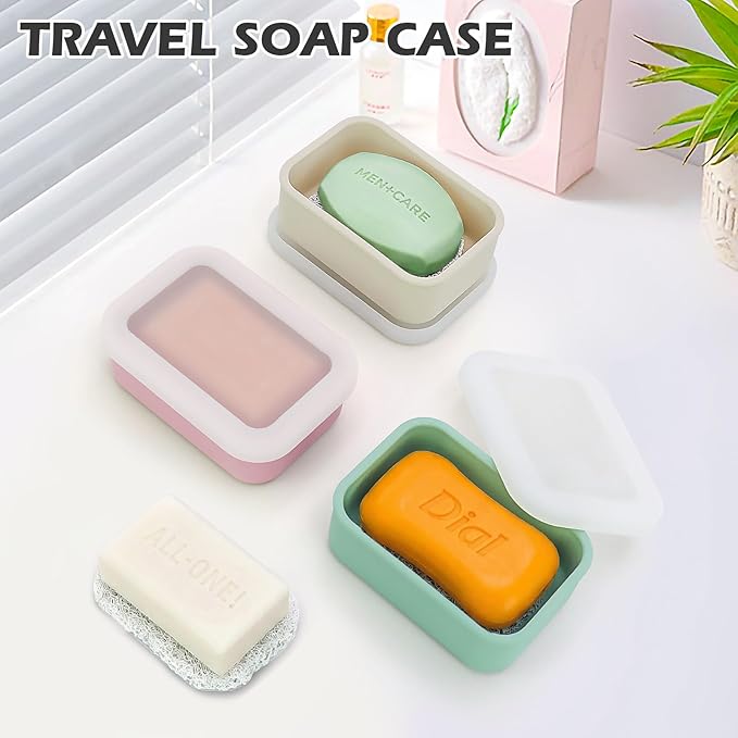 AIDIMMING Silicone Bar Soap Travel Case,Compact Leak Proof Soap Dish with A See-Through Lid,Portable Soap Bar Holder for Traveling,Camping,Gym,Outdoor(Clear&Pink)