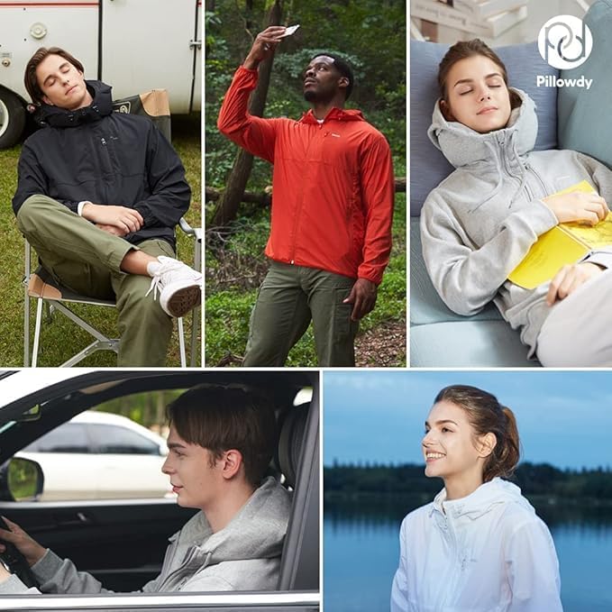 Pillowdy Full Zip Hoodie – Inflatable Built-in Travel Pillow – Comfortable Rest On-The-Go – Perfect for Airplane and Trips