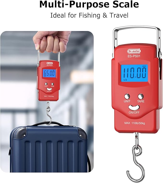 Dr.meter Fish Scale Luggage Scale Fishing Gear - 110lb Backlit LCD Display Digital Scale with Built-in Measuring Tape - Fishing Scale with 2 AAA Batteries, Pocket Size - Fishing Gifts for Men