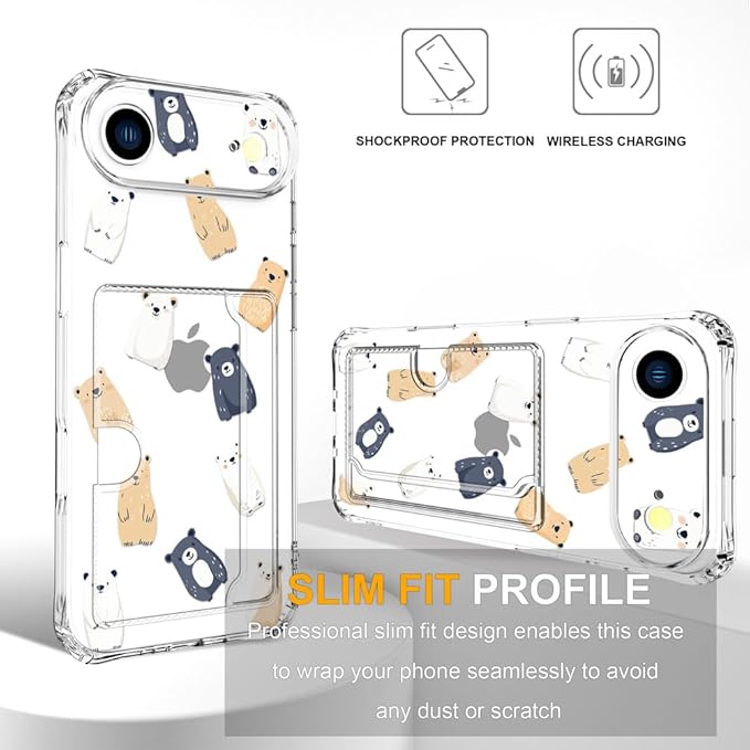 Compatible with iPhone 17 Air Case Card Holder for Women Cute Design,Wallet Phone Cases Transparent Cool Kawaii Protective (Clear Lovely Bears Funny)