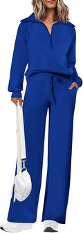 PRETTYGARDEN Women's 2 Piece Outfits Casual Lapel Half Zip Sweatshirts and Wide Leg Pants Tracksuit Sets