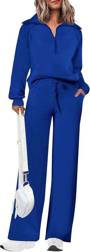 PRETTYGARDEN Women's 2 Piece Outfits Casual Lapel Half Zip Sweatshirts and Wide Leg Pants Tracksuit Sets