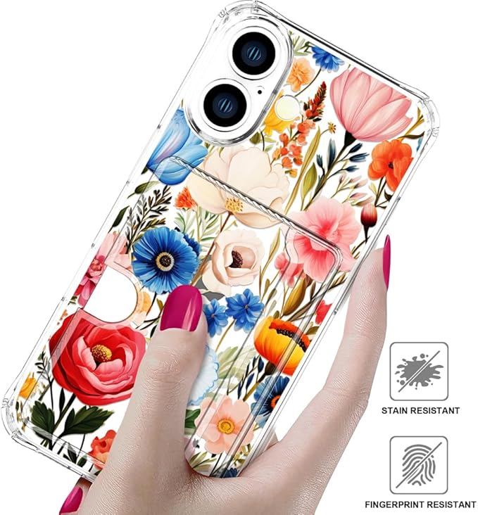 Compatible with iPhone 16 Plus Case Card Holder for Women Cute Design,Wallet Phone Cases Transparent Cool Kawaii Protective (Clear Flower Art Rose Peony)