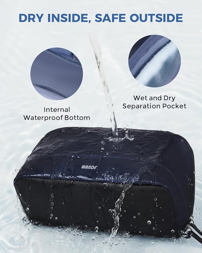 WANDF Toiletry Bag for Men, PU Leather Dopp Kit with Detachable Waterproof Hanging Pouch and Wet Pocket (Navy Blue)