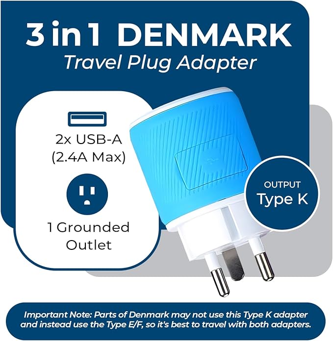 OREI Denmark Travel Plug Adapter with Dual USB - USA Input - Type K (U2U-20), Will Work with Cell Phones, Camera, Laptop, Tablets, iPad, iPhone and More