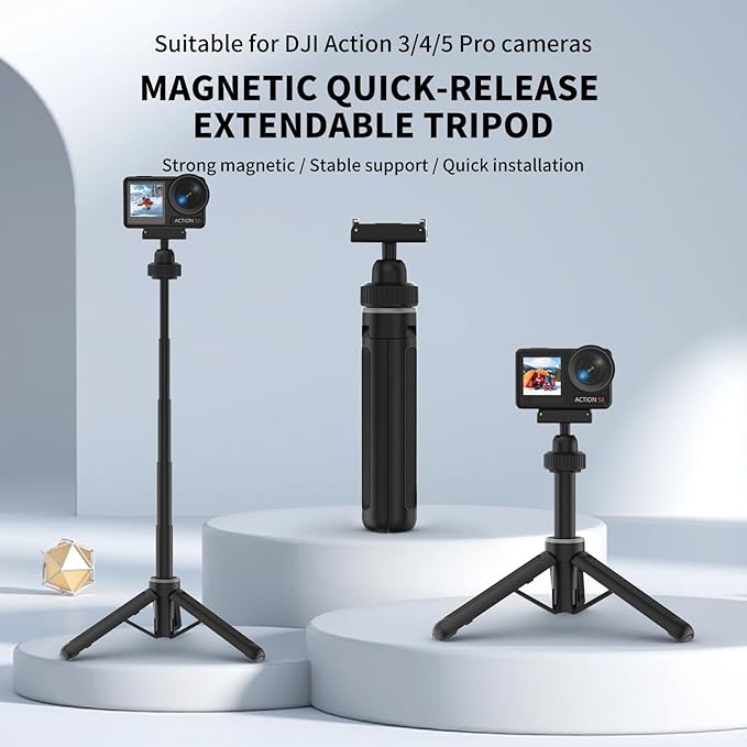 Magnetic Quick Release Extension Rod Compatible with DJI Osmo Action 5 Pro/4/3/360, Extendable Selfie Stick Tripod, Black, Portable Vlog Monopod with Non-Slip Grip
