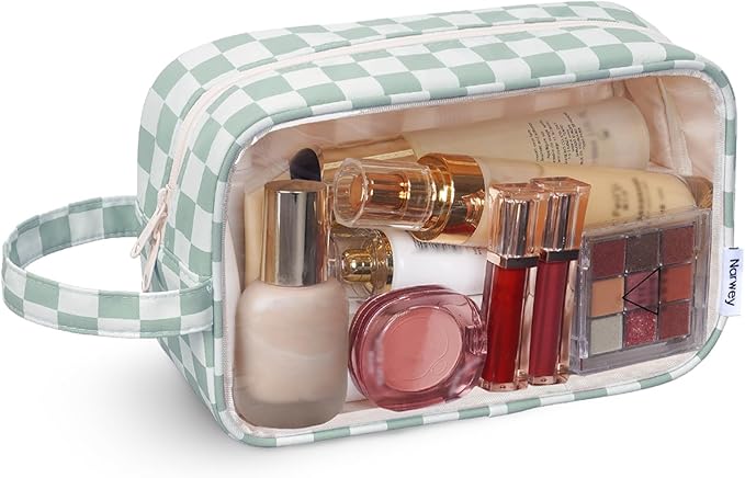 Narwey Clear Toiletry Bags for Traveling Women Men, Clear Travel Bags for Toiletries Makeup Bag Cosmetic Bag with Zipper, Make Up Organizer, Skincare Bag (Mint Green Checkerboard)