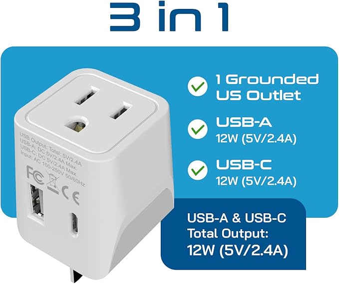Ceptics Australia, New Zealand, China Travel Adapter Plug - Dual USB Input - Ultra Compact - USA to Type I - Perfect for Cell Phones, Chargers, Cameras, Tablets, and more (CTU-16)