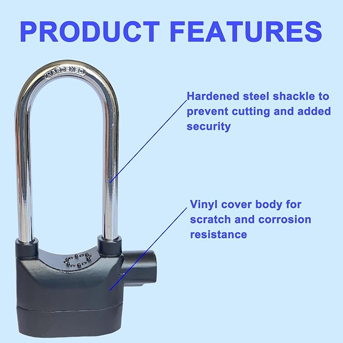 Long Cross-Beam Alarm Lock 110dba Universal Security Alarm Lock System Anti-Theft for Door Motor Bicycle Padlock with 3 Keys (1PCS)