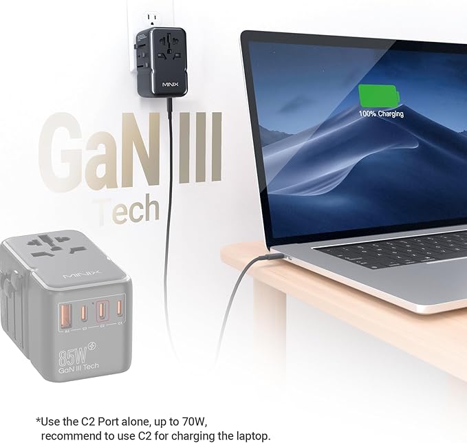 MINIX 85W Universal Travel Adapter, GaN III International Power Adapter, 3 USB-C 2 USB-A Ports, AC Outlet, Worldwide US/UK/EU/AU Travel Charger for Laptops Tablets Phones and More