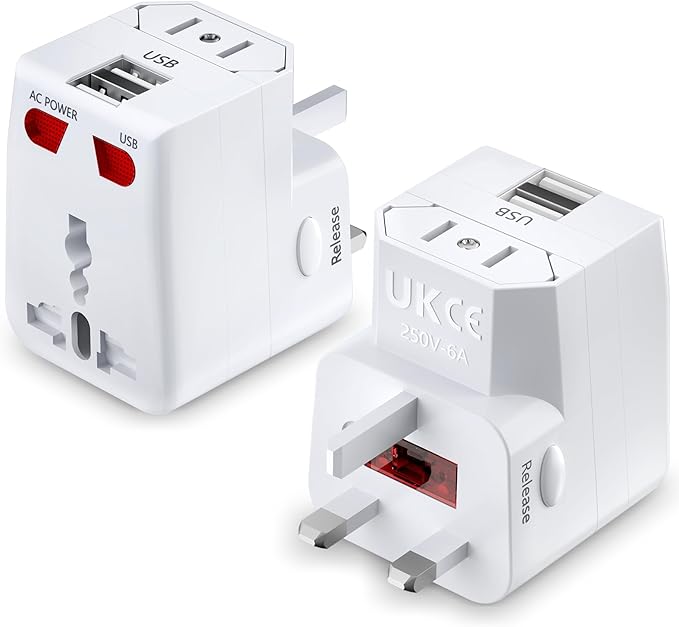 Travel Plug Adapter with 2 USB A,Universal All in One Worldwide Travel Adapter,Detachable and Portable Power converters,AC Power Plug Adapter,International Power Adapter for USA EU UK AUS White