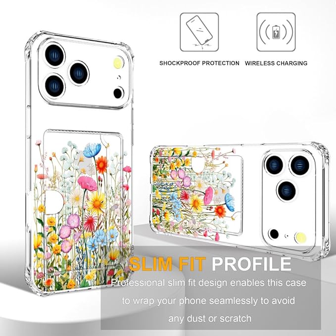 Compatible with iPhone 17 Pro Case Card Holder for Women Cute Design,Wallet Phone Cases Transparent Cool Kawaii Protective (Clear Flowers Herbs Wild Plants)