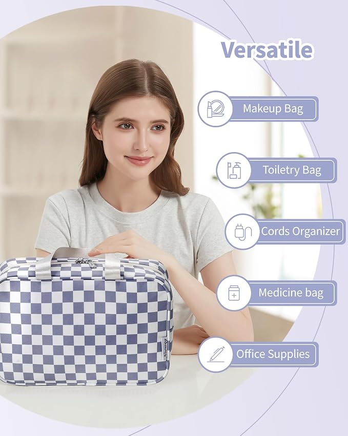 Narwey Large Toiletry Bag Women Large Cosmetic Bag Travel Makeup Bag Organizer Medicine Bag for Toiletries Essentials Accessories (Grayish Blue Checkerboard)