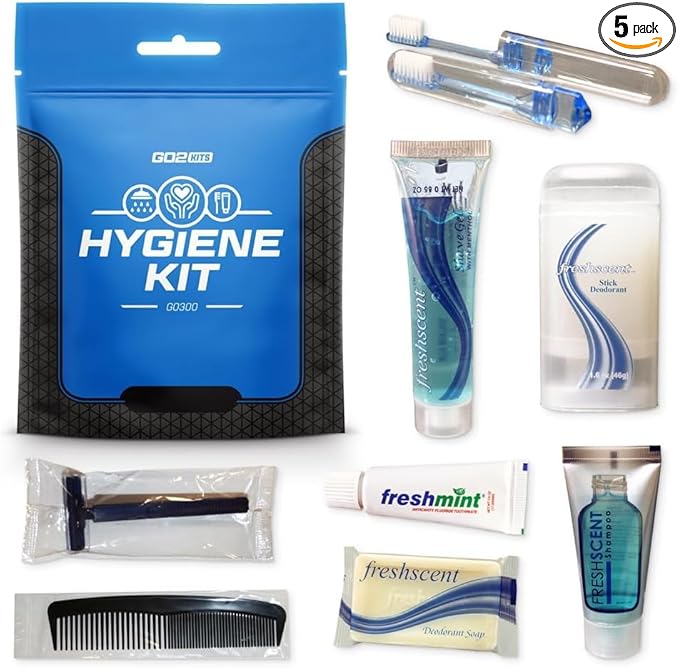 Travel Toiletry Kit, Hygiene Kit with Shaving Supplies for Travel, Business & Charity with Reusable Toothbrush, Bath Soap & Other Essential Toiletries, 5-Pack (GO300)