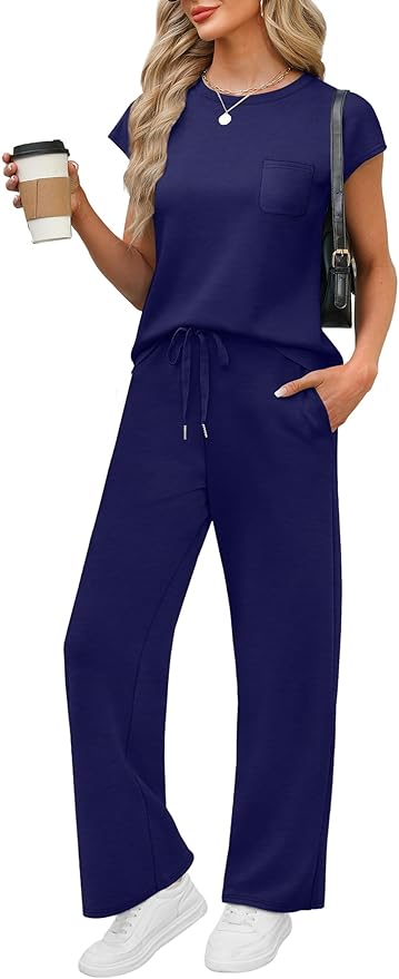 WIHOLL 2 Piece Sets for Women Casual Summer Travel Vacation Outfits Cap Sleeve Lounge Set