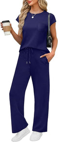 WIHOLL 2 Piece Sets for Women Casual Summer Travel Vacation Outfits Cap Sleeve Lounge Set