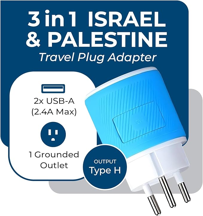 OREI 3 in 1 Israel Plug Adapter (Type H Adapter) with Dual USB for Charging – Does Not Convert Voltage - Israel Adapter Plug with Type B Input, Compatible in Palestine, Gaza Strip & Israel (U2U-14)