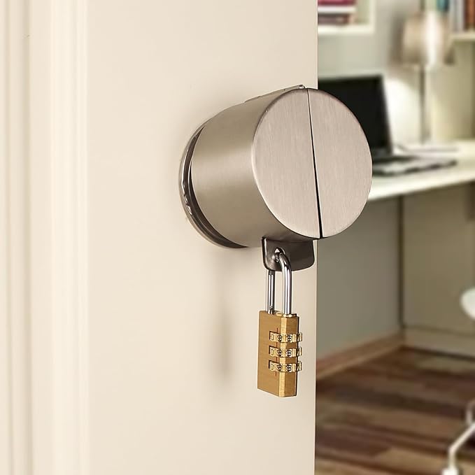 Door Knob With Lock,Without Drilling ,Dementia Door handle lock，From Outside Prevents Turning of Door Knob and Access to Keyhole,for Apartment Evictions，Childproof (Stainless steel with padlock)