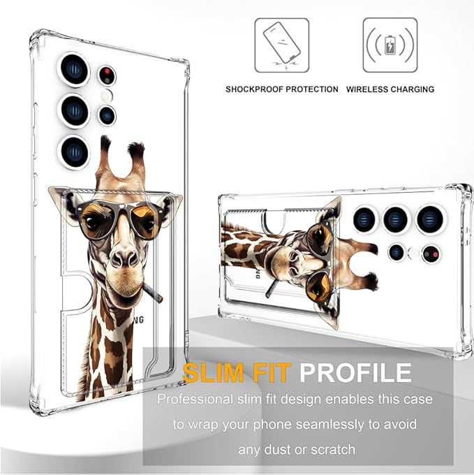 Compatible with Samsung Galaxy S24 Ultra Case Card Holder for Women Cute Design,Wallet Phone Cases Transparent Cool Kawaii Protective (Clear Giraffe Smoking Animal)