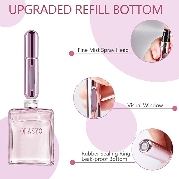 opasyo 4 Pcs Mini Refillable Perfume Portable Atomizer Bottle, 5ml Bottom-Fill Perfume Spray Scent Dispenser, Leak-Proof Travel Pump for Cologne, Aftershave & Purse (Silver/Pink/Gold/Black)