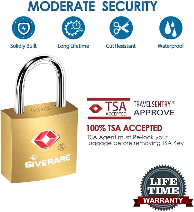 4 Pack TSA Approved Travel Luggage Locks with Keys, Solid Brass Copper Keyed Padlock, Small Locks for Suitcase, Backpack, Gym Locker, Jewelry Box, Gold-by GIVERARE