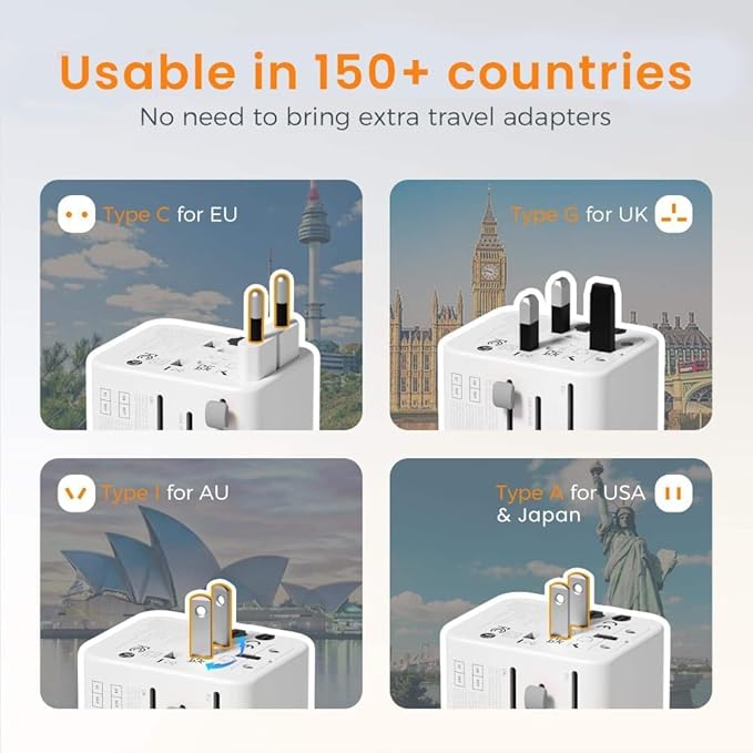 TSIM Universal Travel Adapter 35W 10A | 2 USB-A, 2 USB-C Ports Fast Charging PD 3.2 All in One International Power Adapter Plug USA EU UK AU JP Quick Wall Charger Worldwide Travel Essentials CE RoHS