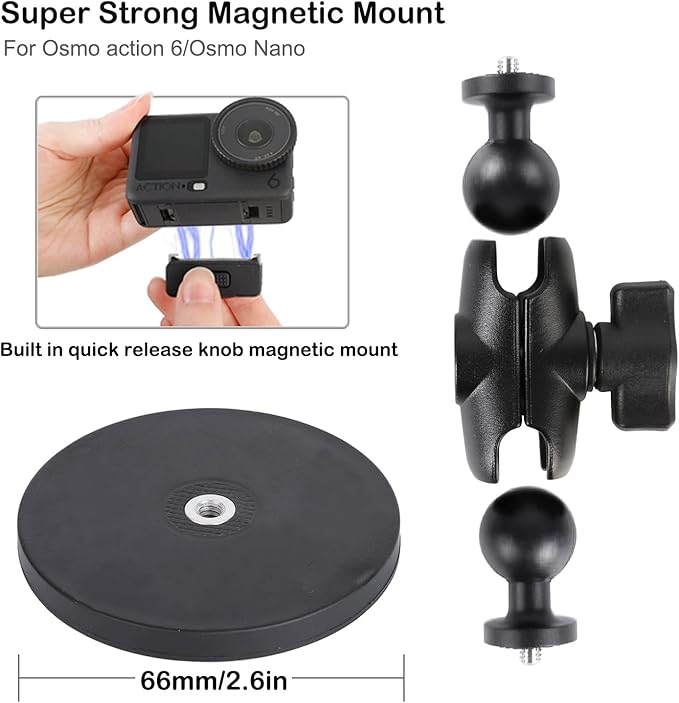 PellKing Handlebar Clamp Car Mangnetic Mount for DJI Osmo Action 6/Nano,Quick Release Mangetic Mount 66mm Magnetic with 360 Degree Rotation,Ball Head Handlebar Clamp