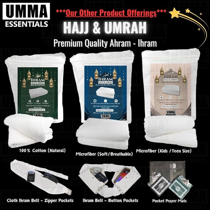 Premium Ahram Ihram Belt for Hajj & Umrah – Hidden Safety Zipper Pockets, Adjustable Waist (23”– 47”), Large Pockets for Cell phone and Sturdy Buckle with Lock Release