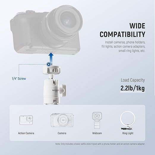 NEEWER Basics Mini Desk Selfie Stick Tripod Compatible with iPhone GoPro Insta360 DJI, Portable Small Camera Webcam Android Cell Phone Holder Ball Head Elevated Axis Video Recording Stand, TP43 White