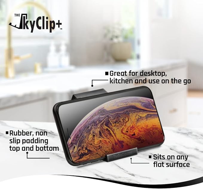 The SkyClip+ Phone & Tablet Holder for Air Travel, Home and Office Use - Inflight Phone Mount & Stand Compatible with iPhone, Android, Kindle and Tablets - Ultimate Travel Accessory (Black)