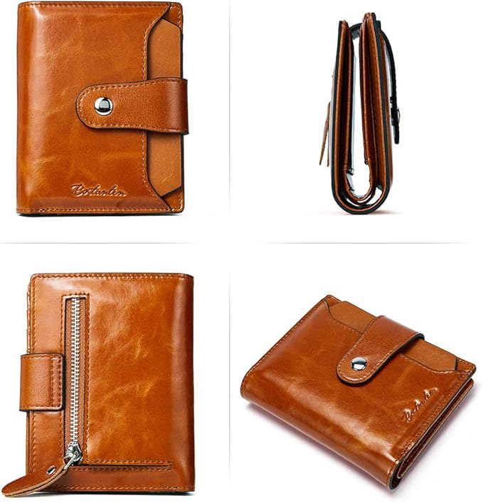 BOSTANTEN Women Leather Wallet RFID Blocking Small Bifold Zipper Pocket Wallet Card Case Purse with ID Window