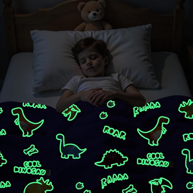 Wajade Dinosaur Glow in The Dark Blanket Dinosaur Gifts for Boys Girls 1 2 3 4 5 6 7 8 9 10 11 12 Kids Blanket with Dino Birthday Ideas Soft Bed Couch Throw Home (Navy Blue 50"x60")