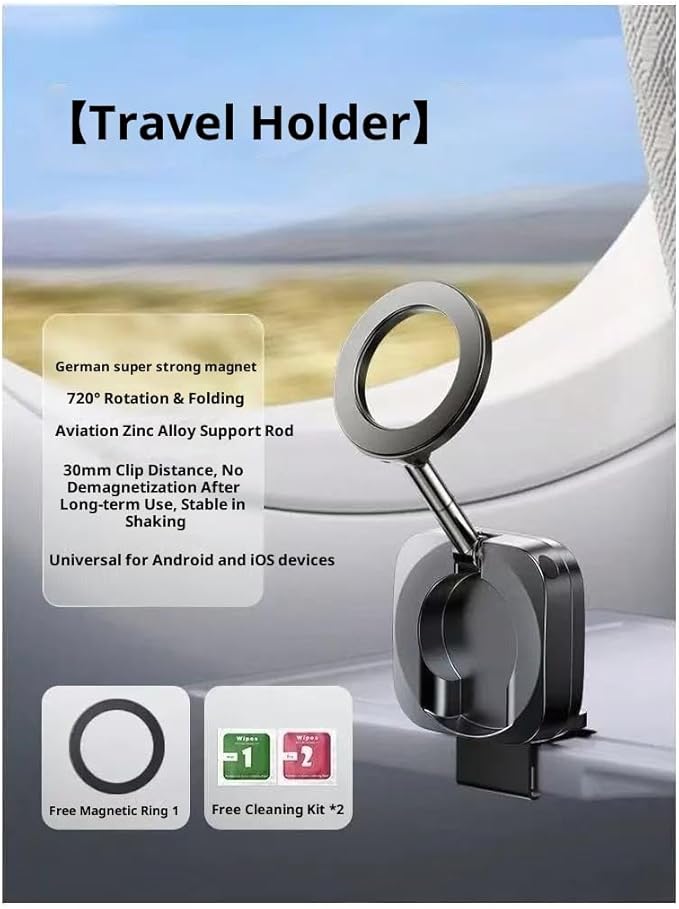 Premium Metal Magnetic Phone Holder - 360° Rotatable Foldable Travel Phone Stand for Airplane, Desk, Flight & Vacation Essentials