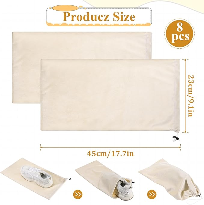 8 PCS Single Shoe Bags for Traveling, 9.1×17.7 Inch Travel Shoe Bags for Packing in Suitcase Velvet with Drawstring Shoes Storage Bag Dust-Proof for Women and Men, Travel and Home Storage-Beige