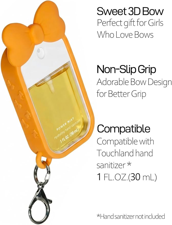 Silicone Bow Case Compatible with Touchland Hand Sanitizer Spray 1 oz (30 mL), Cute Holder with Keychain Clip, Gift for Girls