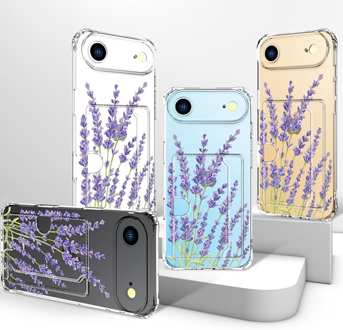 Compatible with iPhone 17 Air Case Card Holder for Women Cute Design,Wallet Phone Cases Transparent Cool Kawaii Protective (Clear Purple Lavender)