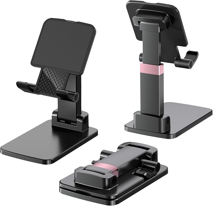 Phone Stand, Cell Phone Holder Adjustable Cellphone Stand for Desk Adjustable Office Accessories Gift Tablet Stands for iPhone iPad Android Devices Under 12", Black,2Pack